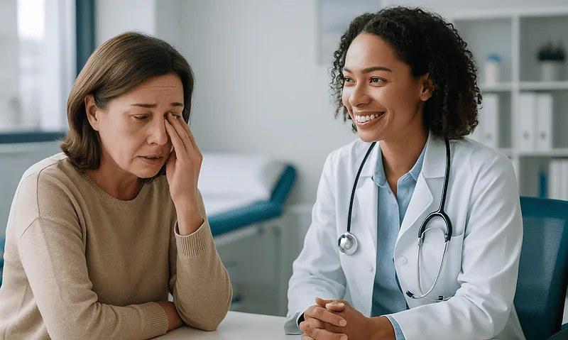 Doctor consulting with a patient about eye health and conjunctivitis symptoms.