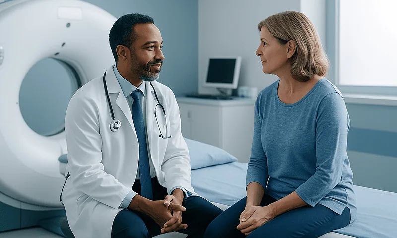 Doctor consulting with a female patient in a hospital room near a CT scanner.