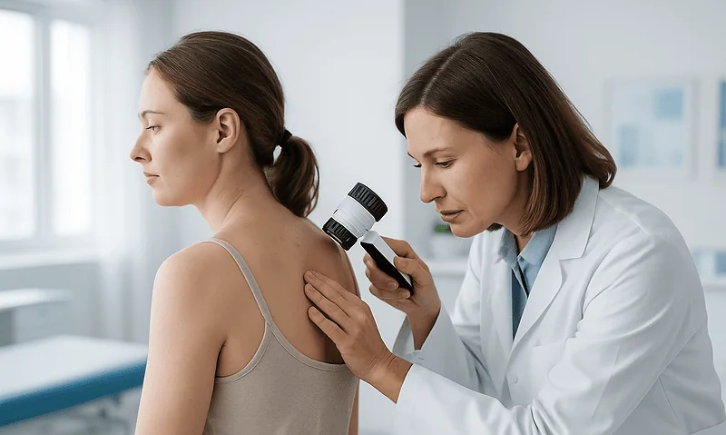 Dermatologist examining a patient's skin with a dermatoscope in a clinical setting.