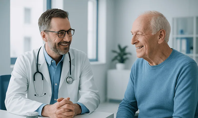 Dentist consulting with elderly patient in a modern clinic setting.