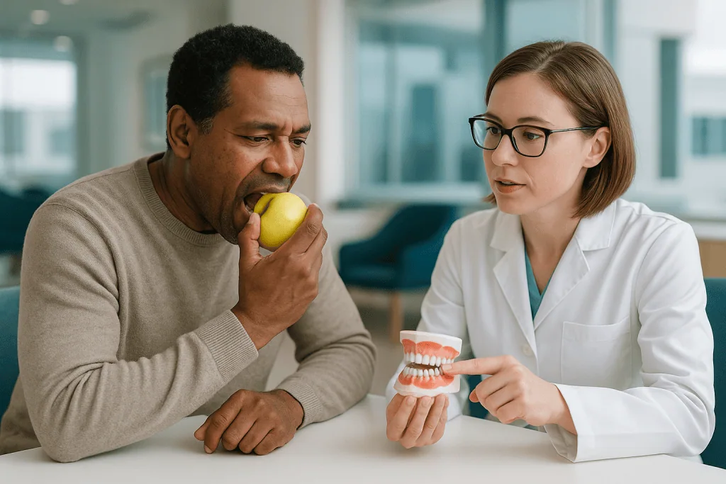 Dentist consulting patient about dental model teeth: How long do amalgam fillings last, and is the mercury a reason to repla