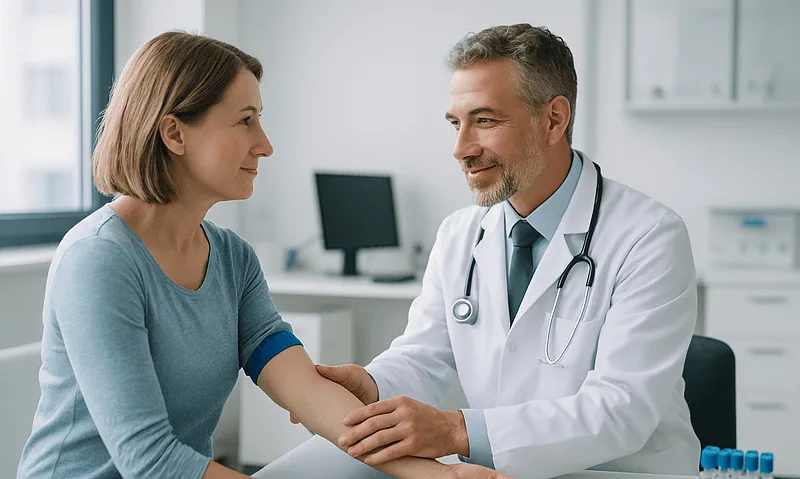 Doctor consulting with a female patient in a medical office setting.