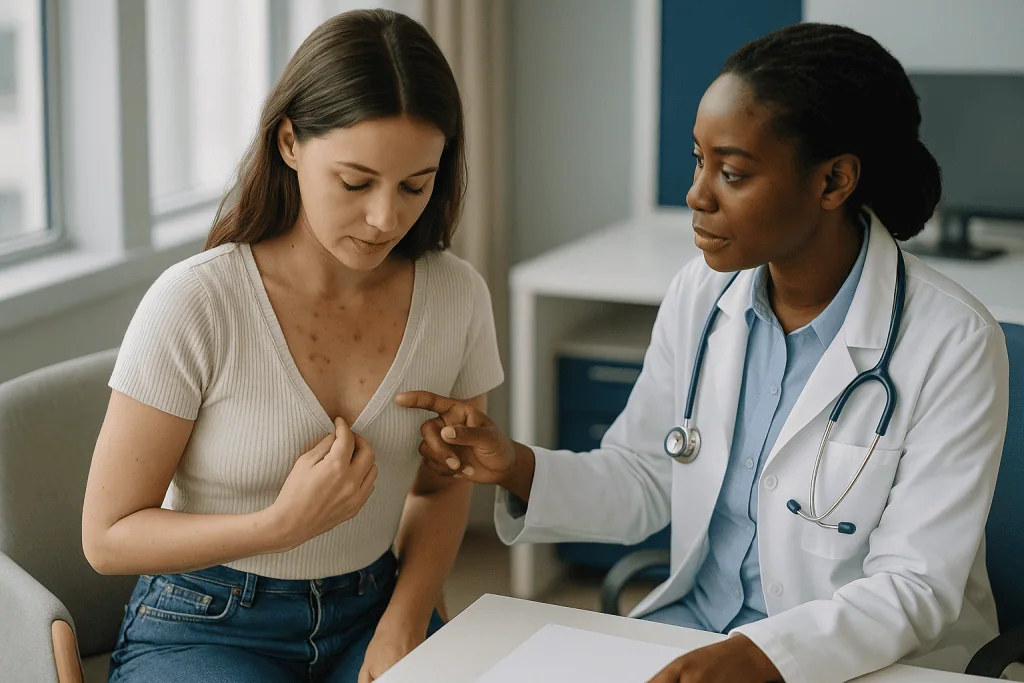 Doctor consulting with patient about skin condition — How long do chickenpox scars take to fade, and what do the following we