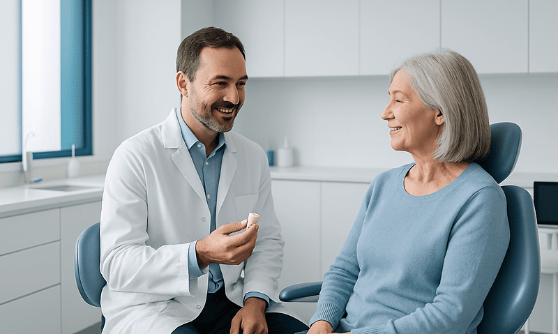 Dentist consulting with an elderly woman in a modern clinic.