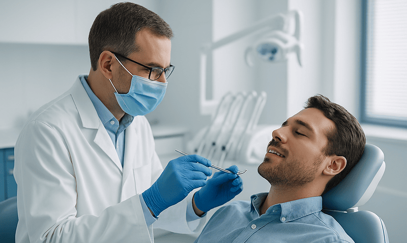 Dentist examining patient's teeth in a modern dental clinic.