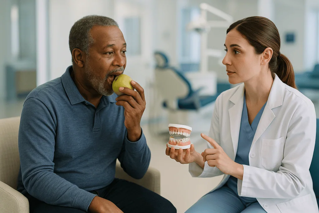 Dentist consulting patient about dental health model: How long do dental fillings last by material? A side-by-side look