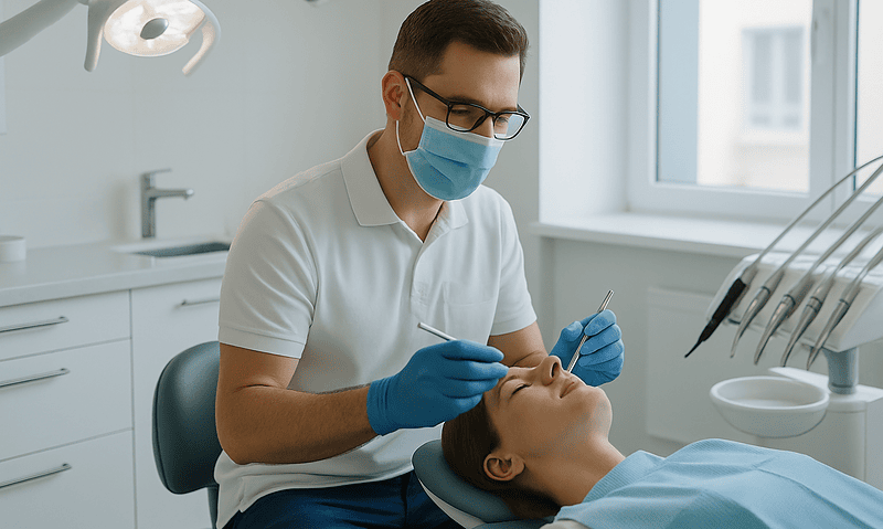 How Long Do Dental Fillings Last? Wear, Chewing Habits and When Replacement Is Discussed 5 Dentist examining patient's teeth in a modern dental clinic.