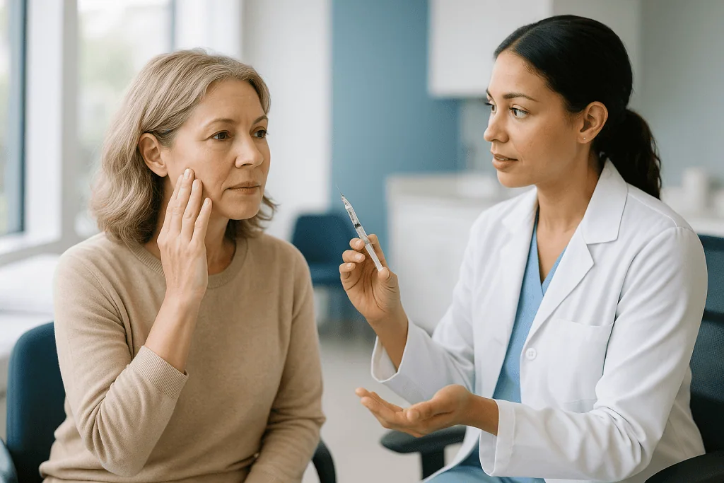 Female doctor consulting middle-aged patient in clinical setting: How long do dermal fillers last?