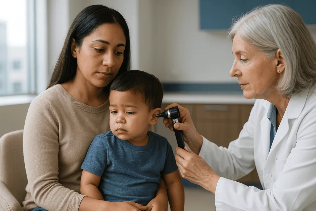 Pediatrician examining child's ear with otoscope: How long do ear tubes drain? What the first days and weeks usually look li