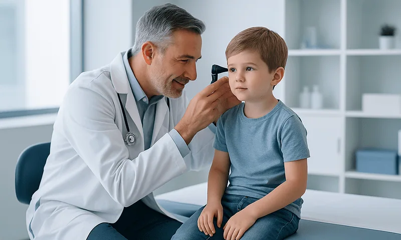 How Long Do Ear Tubes Stay In? What Follow-Up Visits Check and What Happens When They Come Out 4 Pediatric ENT doctor examining child's ear with otoscope in clinic.
