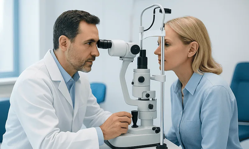 Ophthalmologist examining a patient's eyes with a slit lamp in a clinic.