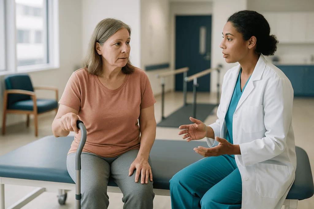 Doctor consulting with middle-aged patient in clinical setting: How long do MS relapses last?