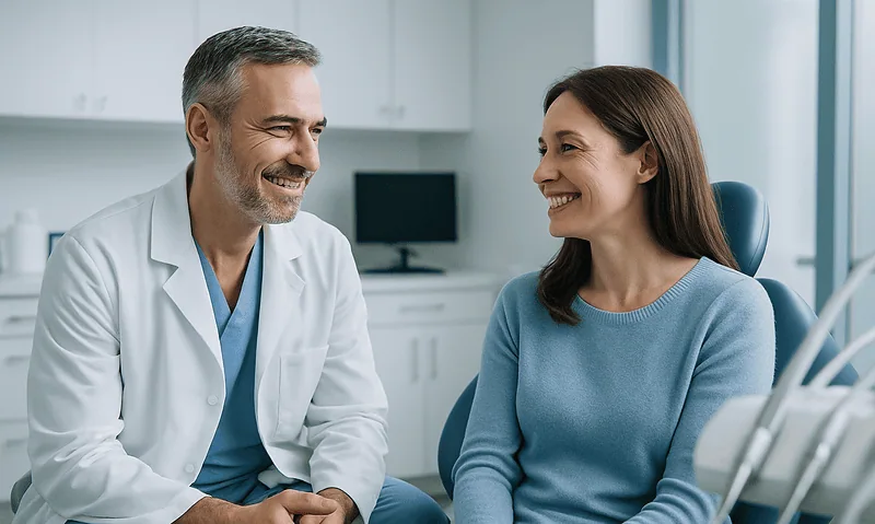 Dentist consulting with a female patient in a modern dental clinic.