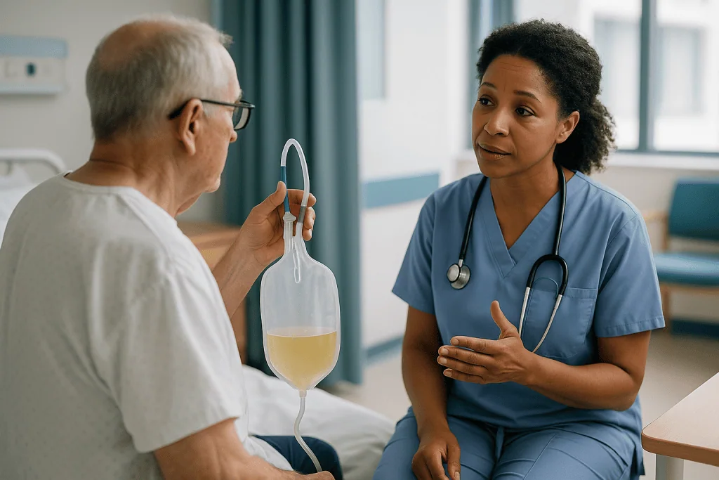 Healthcare provider discussing catheter bag with elderly patient: How long do you have to wear a catheter after a prostatect