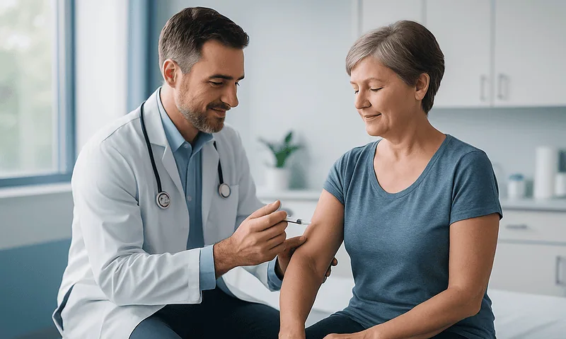 Doctor administering cortisone shot to a patient in a clinical setting.