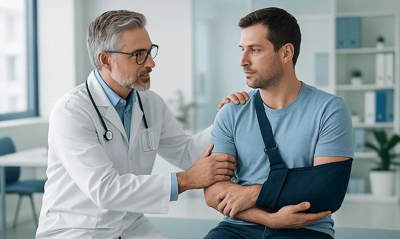 Doctor examining a patient's shoulder with a sling in a medical clinic.
