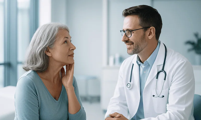 Doctor consulting with an elderly woman in a medical office.