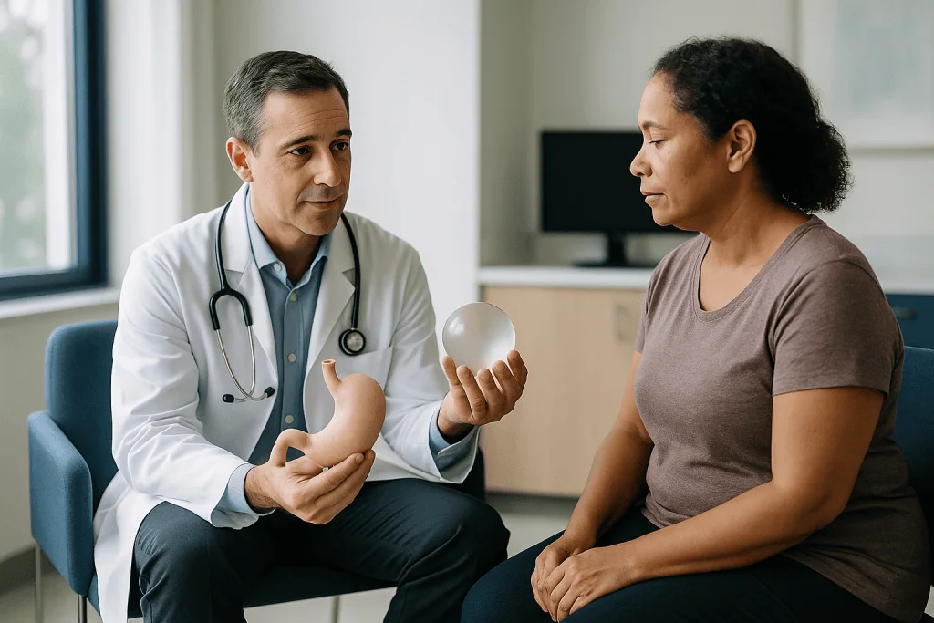 Doctor consulting with patient in clinical office setting: How long does a gastric balloon stay in, and why does it have to 