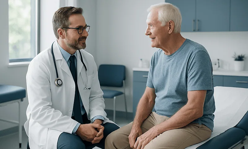 Doctor consulting with an elderly male patient in a modern clinic room.