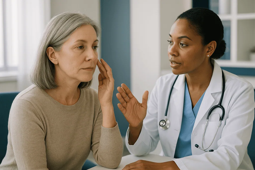 Doctor consulting with older female patient in clinic: How long does a liquid facelift last in each area of the face?