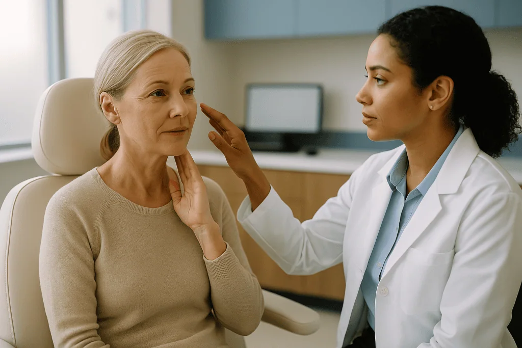 Doctor examining patient's facial skin and features: How long does a liquid facelift last? The honest range