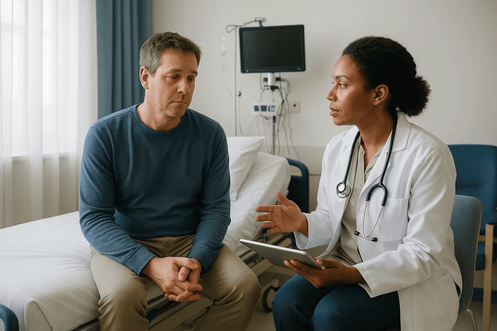 Doctor consulting patient with tablet in hospital room: How long does a narcolepsy test take, and what is the multiple sleep