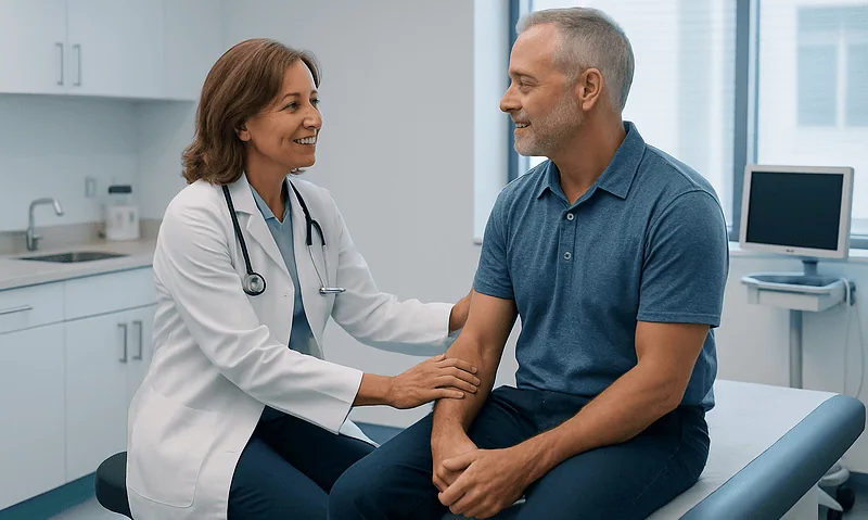 Doctor consulting with a patient in a modern medical clinic.