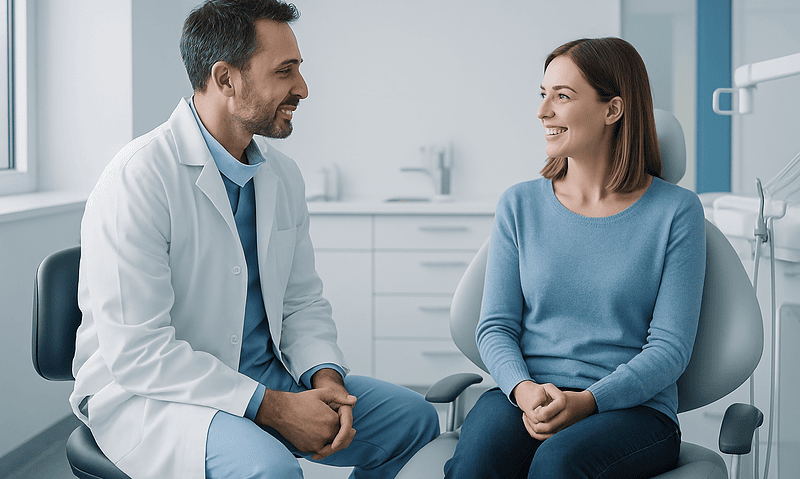 Dentist consulting with a female patient in a modern dental clinic.