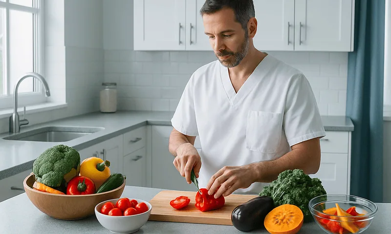 Man preparing vegetables in a modern kitchen for healthy eating.