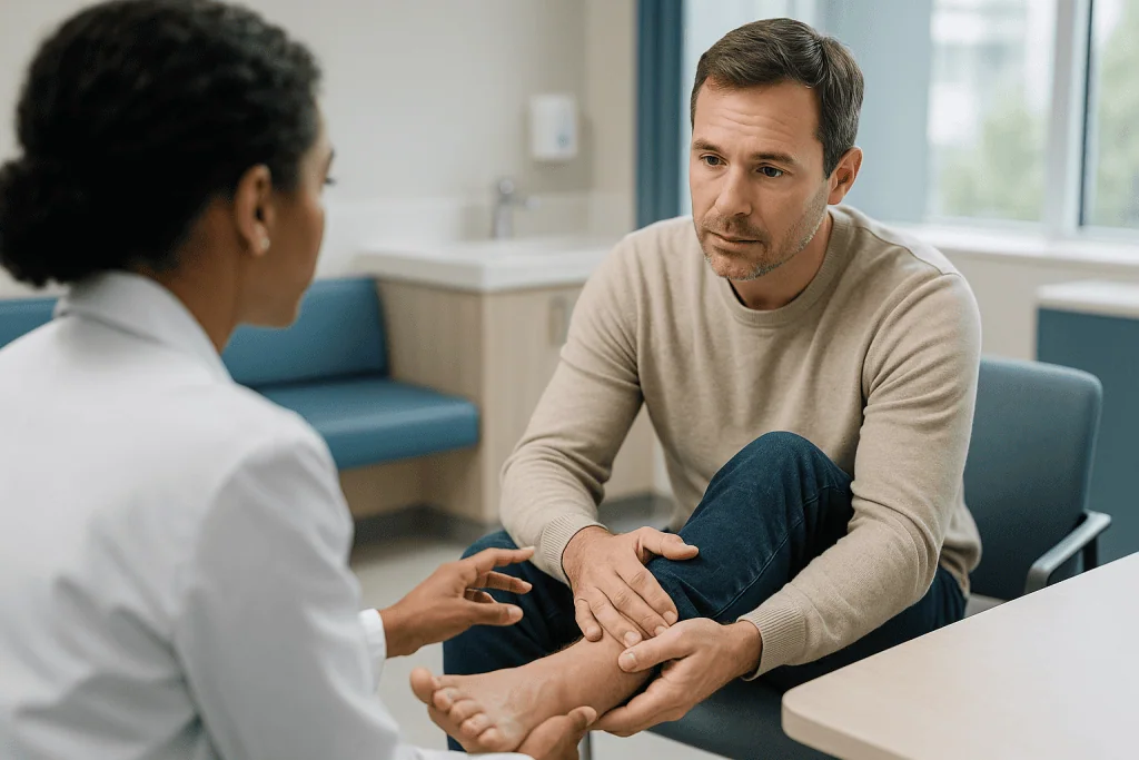 Healthcare professional examining patient's ankle injury: How long does a sprain take to heal by grade?