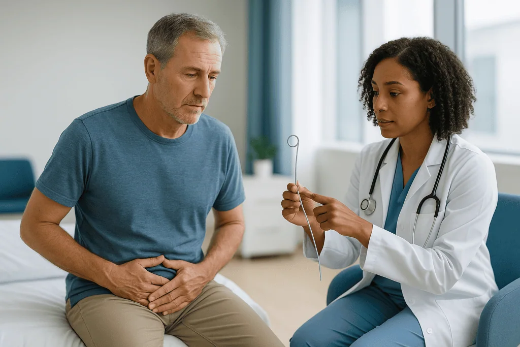 Doctor consulting male patient about abdominal symptoms: How long does a stent stay in after stone removal, and what decides