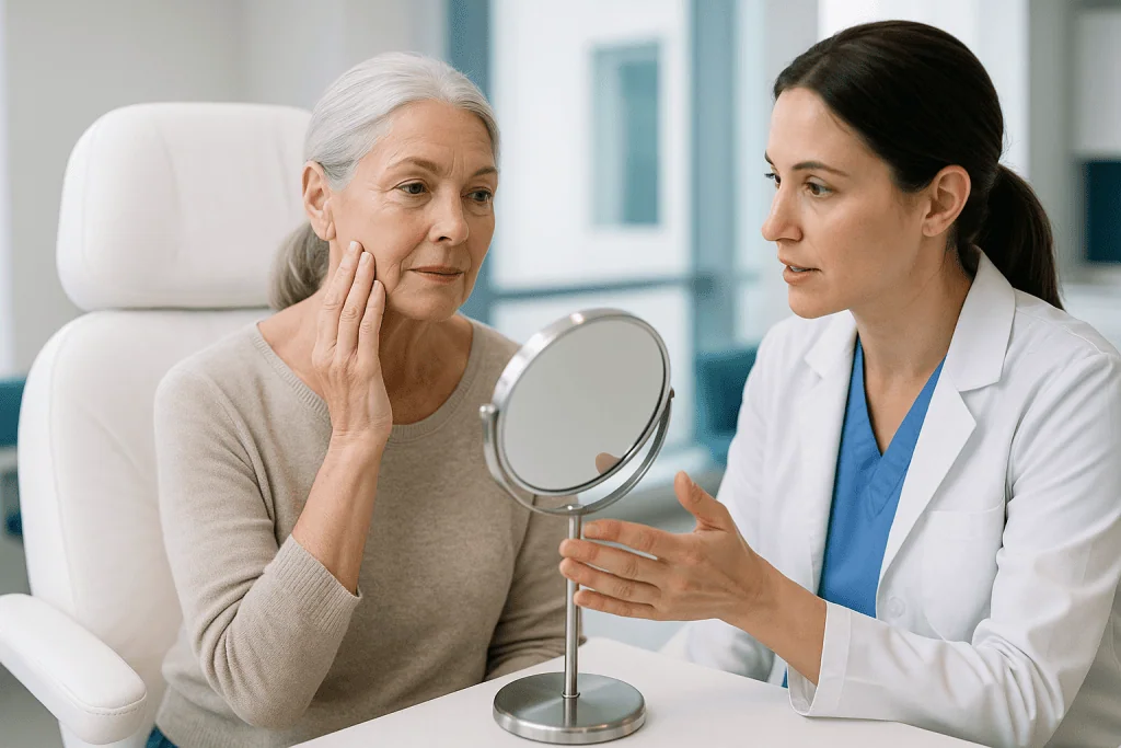 Doctor consulting with mature woman about facial concerns: How long does a thread lift last compared with a facelift?
