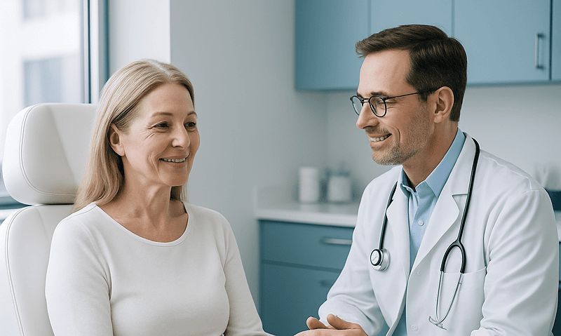 Doctor consulting with a smiling middle-aged woman in a medical office.
