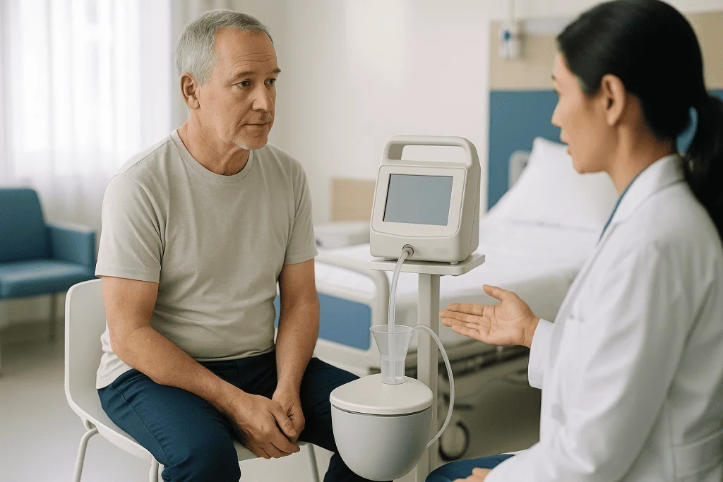 Doctor consulting male patient with uroflowmetry equipment: How long does a urinary flow test take?