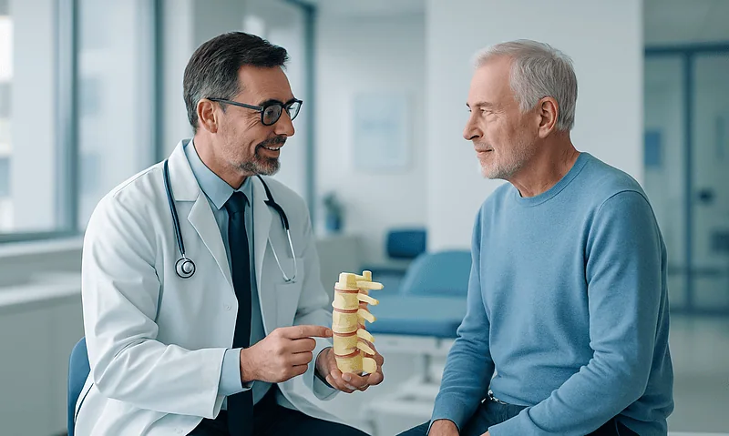 Doctor explaining spinal disc model to elderly patient in clinic.