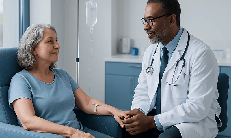 Doctor talking to an elderly woman during IVIG infusion treatment in hospital.