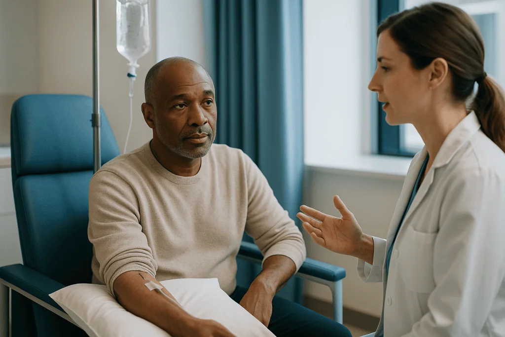 Doctor consulting with patient in hospital room: How long does an IVIG infusion take on the day?