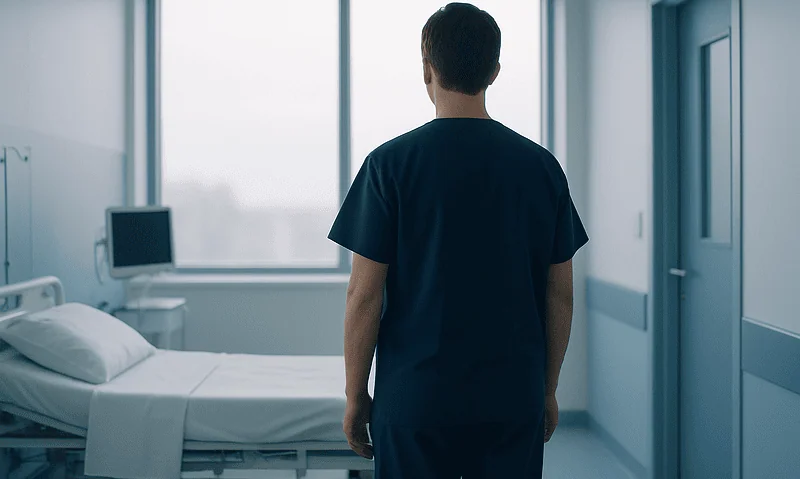 Healthcare professional in a hospital room looking out the window.