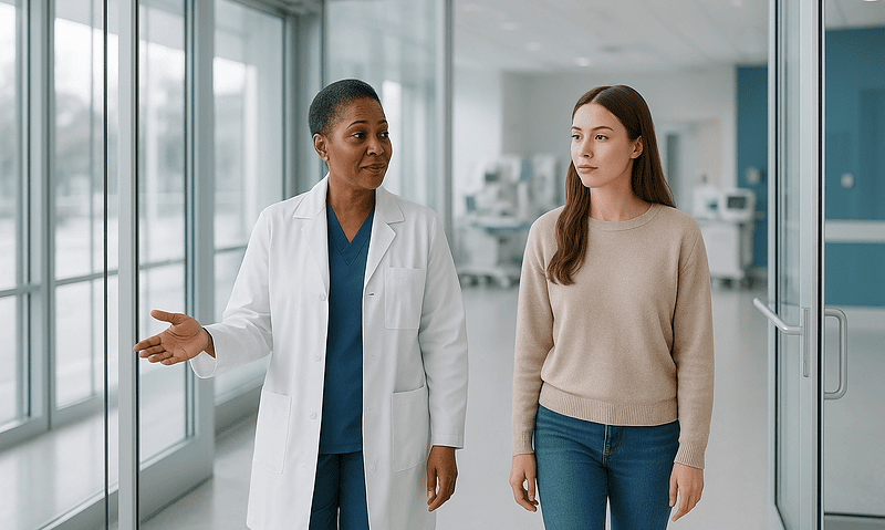 Doctor explaining to patient in hospital corridor.