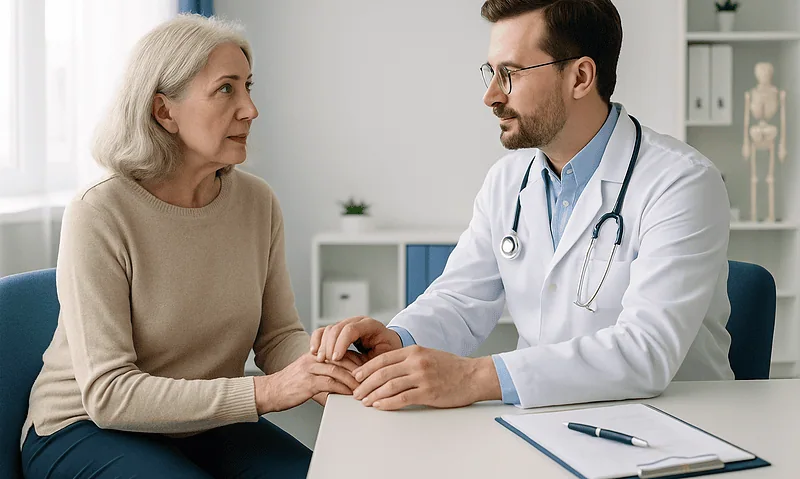 Doctor consulting with an elderly woman in a medical office setting.