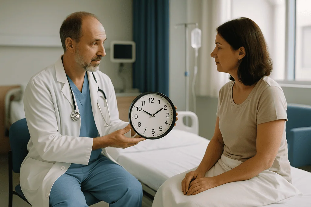 Doctor consulting patient with clock in hospital room: How long does body contouring surgery take?