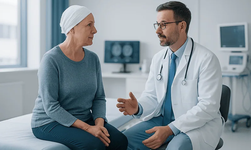 Doctor consulting with a female patient in a hospital room.