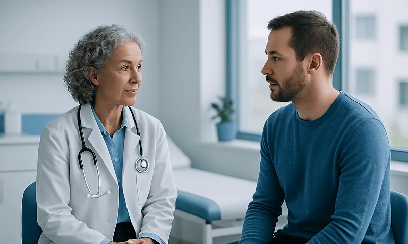Doctor consulting with a male patient in a modern clinic setting.
