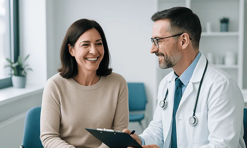 Dentist consulting with a smiling female patient in a modern clinic.