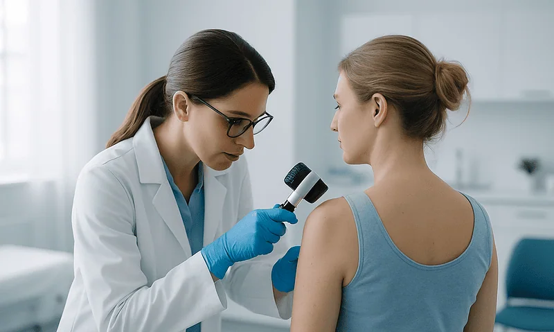 Dermatologist examining patient's shoulder with a dermatoscope in clinic.