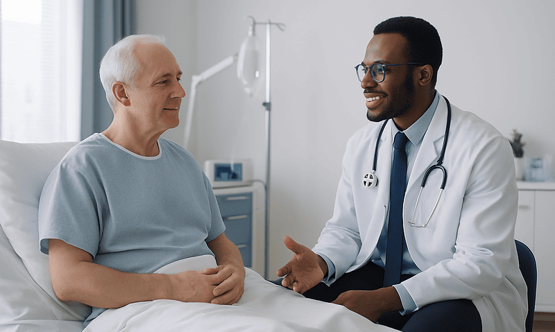 Doctor consulting with senior male patient in hospital room.
