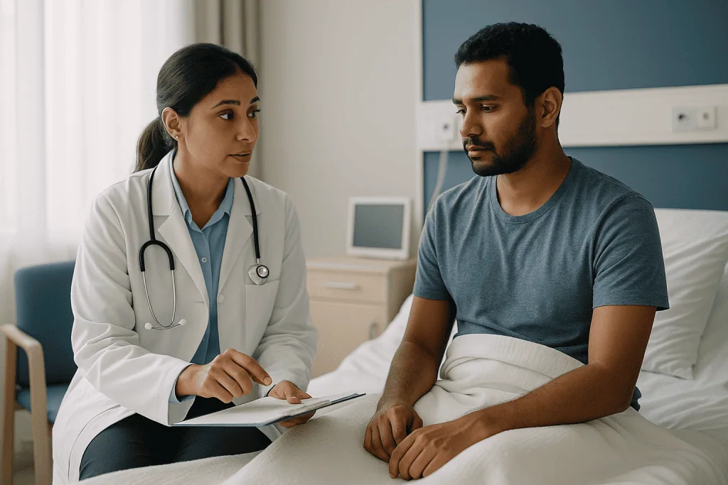 Doctor consulting with patient in hospital room: How long does dengue last, from the bite to the first fever?
