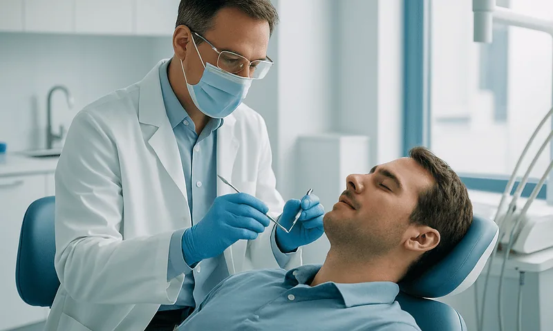 Dentist administering local anesthesia to a patient in a dental clinic.