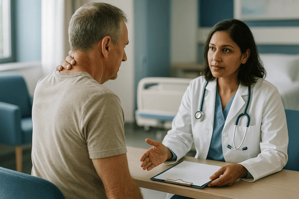 Doctor consulting with male patient in clinic: How long does facet denervation last? What the evidence actually shows