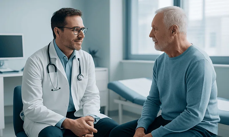Doctor consulting with an elderly patient in a modern hospital room.